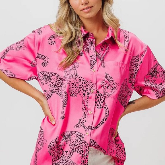 BiBi Leopard Print Short Sleeve Silky Satin Shirt Top - Picture 1 of 12